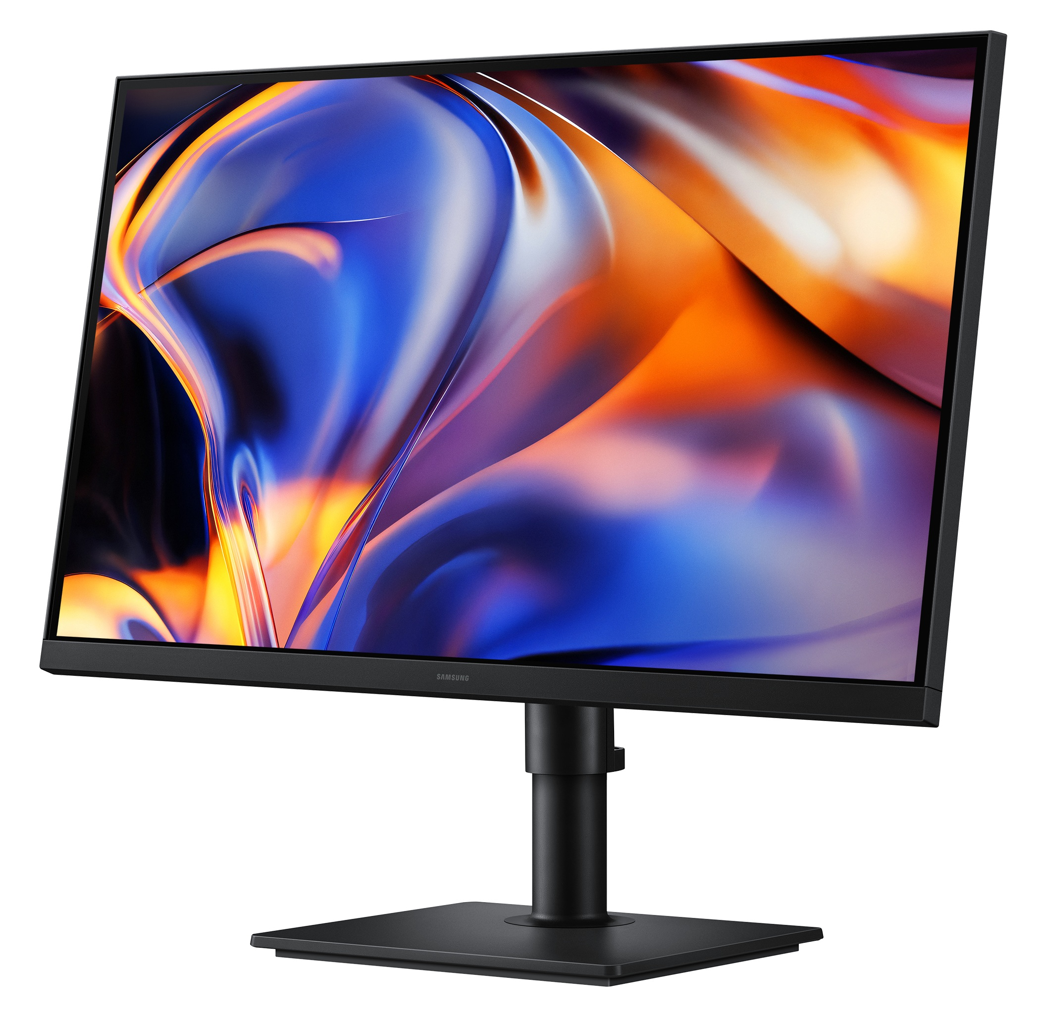Czarny monitor Samsung na stojaku wyświetlający żywą, abstrakcyjną tapetę w odcieniach niebieskiego, pomarańczowego i fioletowego.