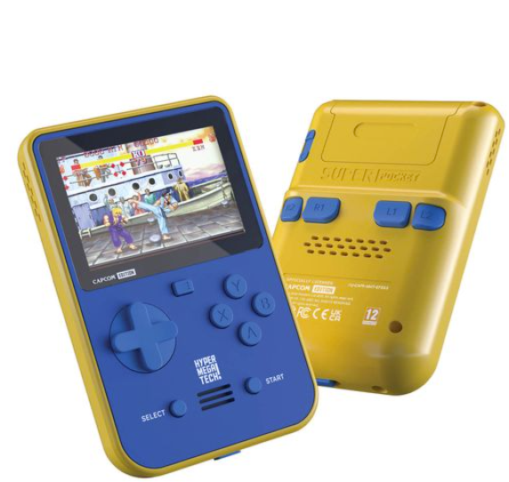Gelbe und blaue Handheld-Retro-Spielkonsole mit einem Kampfspiel auf dem Bildschirm.