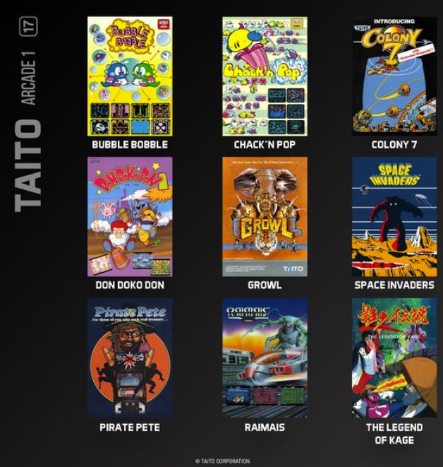 Eine Collage von neun klassischen Taito Arcade-Spielpostern auf schwarzem Hintergrund.