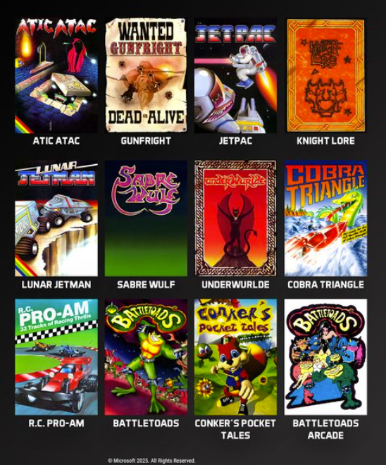 Ein Raster von zwölf klassischen Videospiel-Covern, darunter Atic Atac, Gunfright und Battletoads.