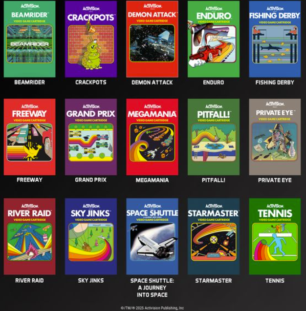 Eine Collage von fünfzehn bunten Activision Atari 2600 Videospiel-Covern mit unterschiedlichen Titeln.