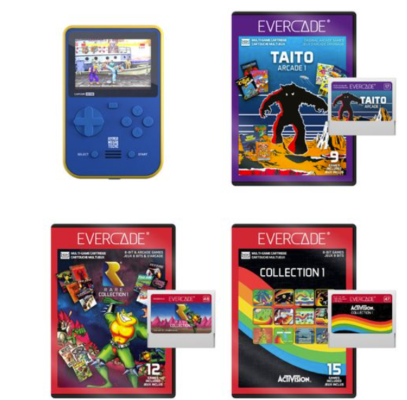 Blaue Handheld-Spielekonsole neben Evercade-Spielekassetten und Verpackungen.