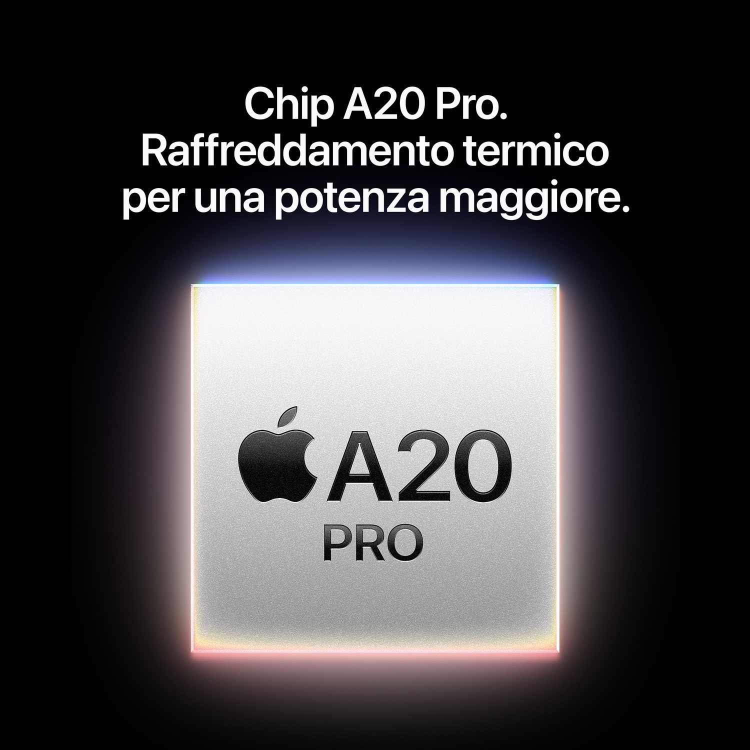 Chip A20 Pro con logo Apple su sfondo argento, accompagnato da testo in italiano.