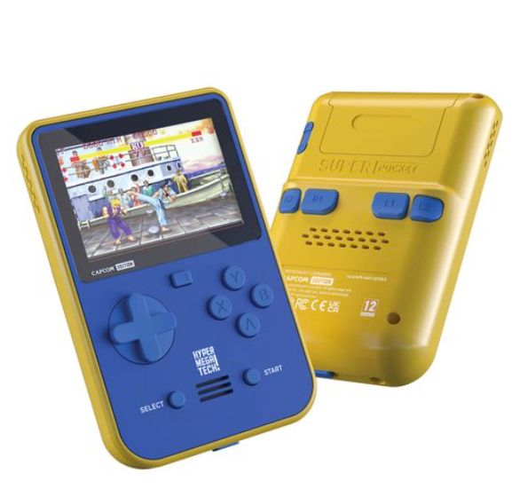 Gelb-blaue Handheld-Spielekonsole mit aktivem Capcom-Spiel und Rückseitenansicht.