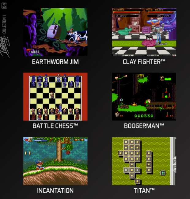 Sechs klassische Videospiel-Bildschirme, darunter Earthworm Jim, Clay Fighter, Battle Chess, Boogerman, Incantation und Titan.