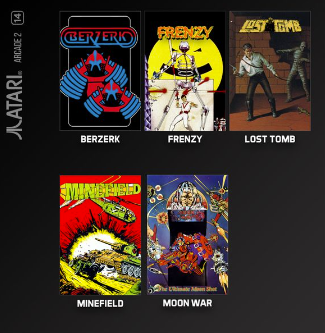Fünf Atari-Arcade-Spielposter mit Berzerk, Frenzy, Lost Tomb, Minefield und Moon War vor schwarzem Hintergrund.