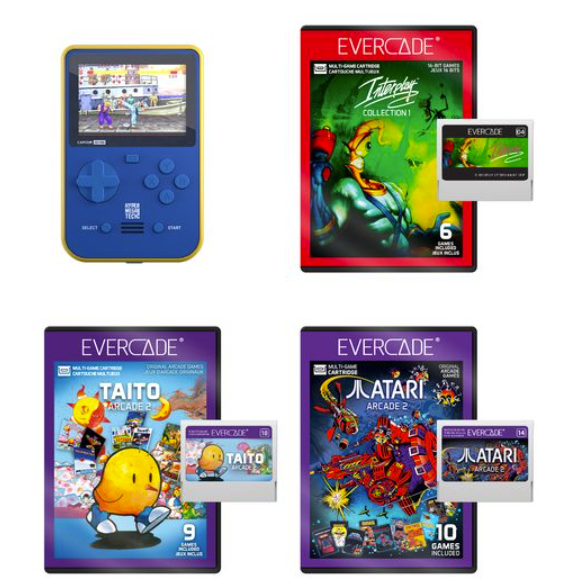 Eine blaue Retro-Handheld-Konsole und drei Evercade-Spielkassetten mit Interplay, Taito und Atari.