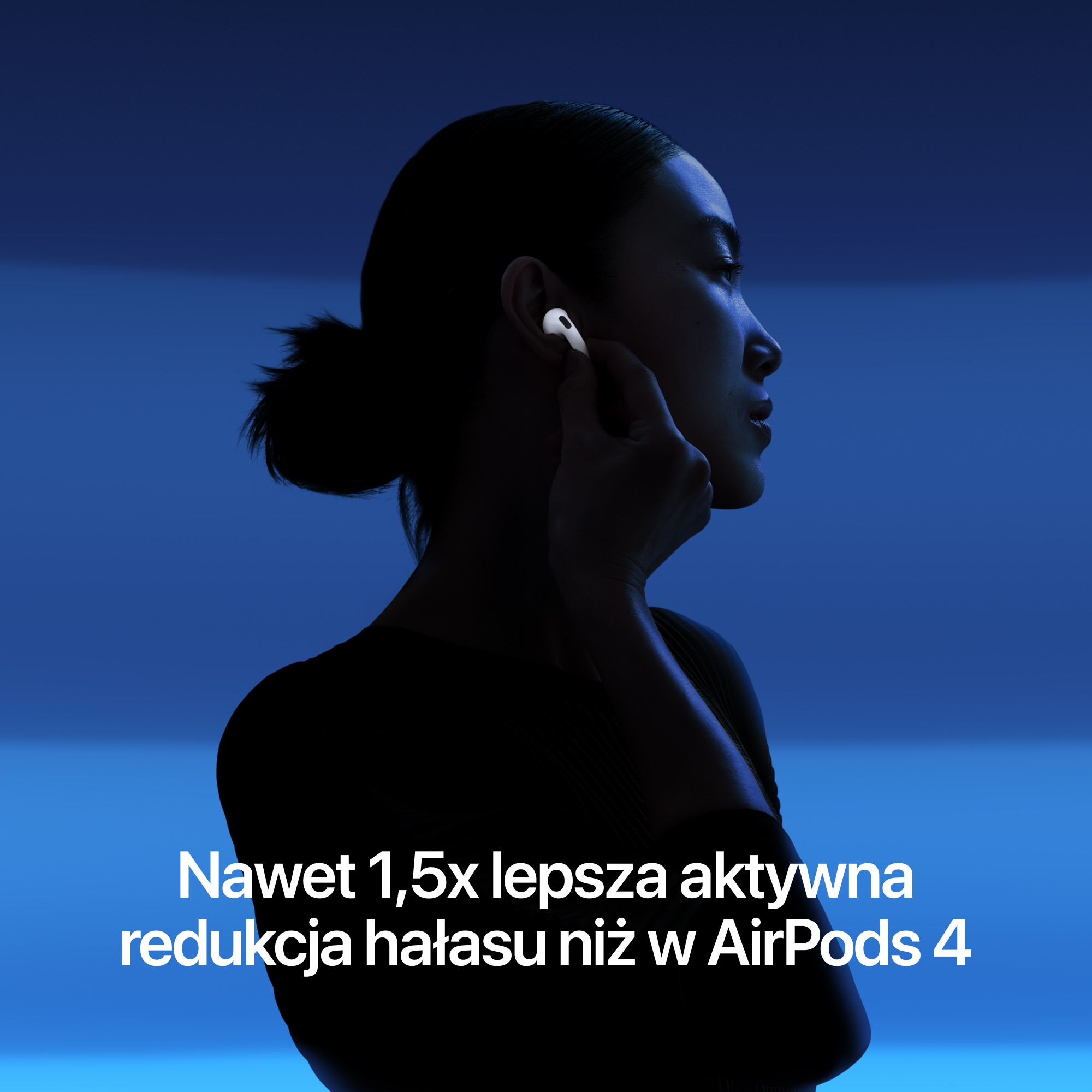 Kobieta w niebieskim świetle ma na sobie AirPods, z białym tekstem u dołu.
