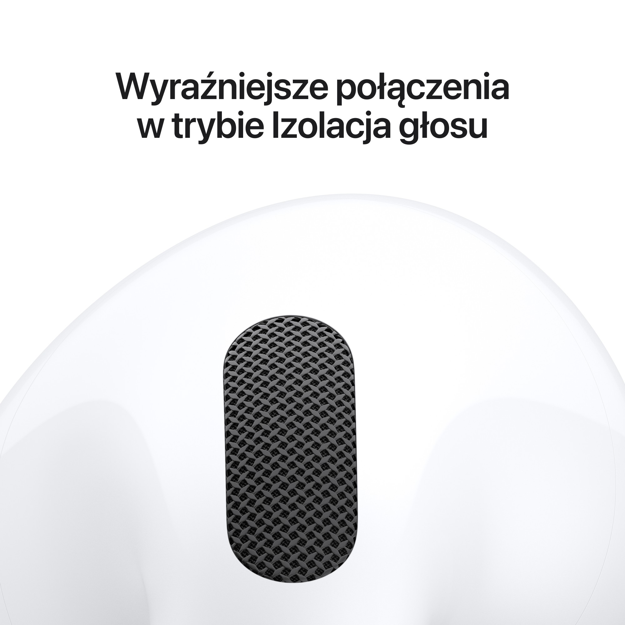 Zbliżenie czarnej siatki mikrofonu na białym tle z polskim tekstem u góry.