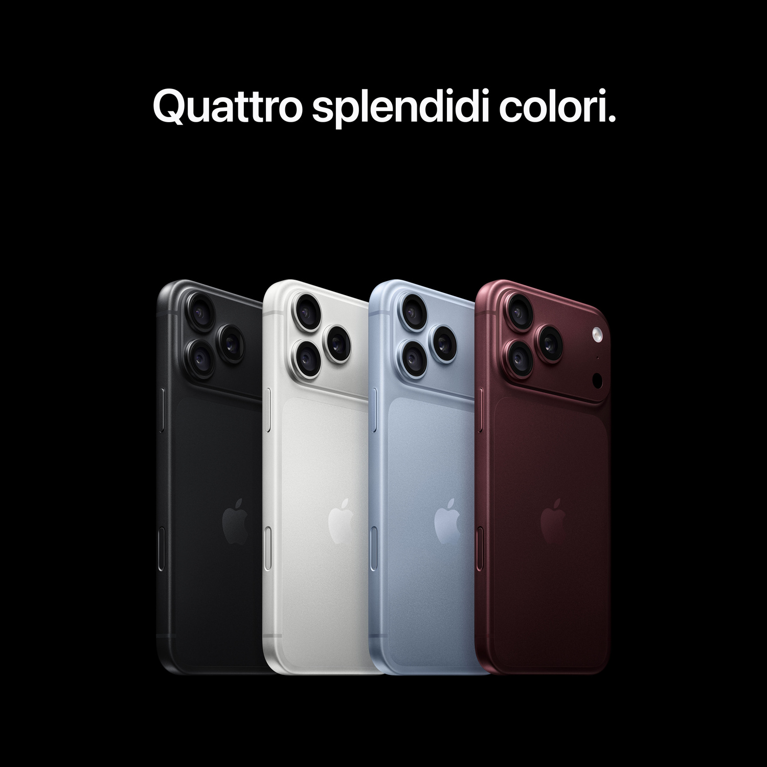 Quattro smartphone in nero, bianco, blu e rosso scuro su sfondo nero con il testo Quattro splendidi colori.