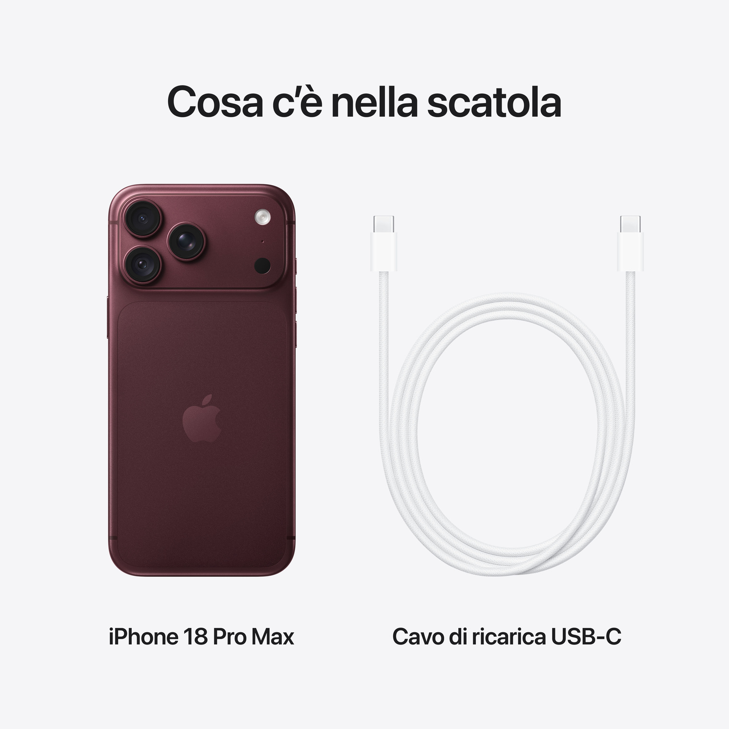 iPhone 18 Pro Max rosso e cavo di ricarica USB-C bianco su sfondo chiaro.