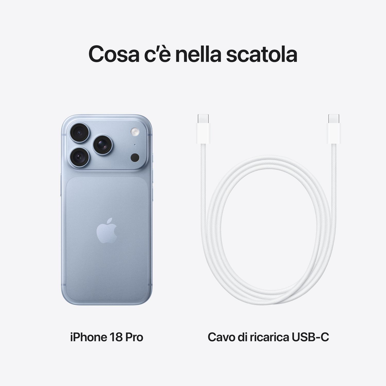 Un'immagine che mostra Cosa c'è nella scatola, un iPhone 18 Pro e un cavo di ricarica USB-C.