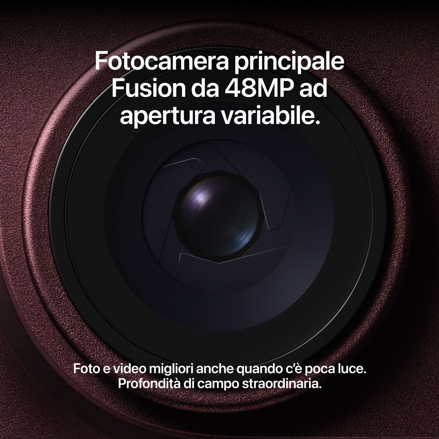 Primo piano di una fotocamera per smartphone con apertura variabile e testo su sfondo scuro.