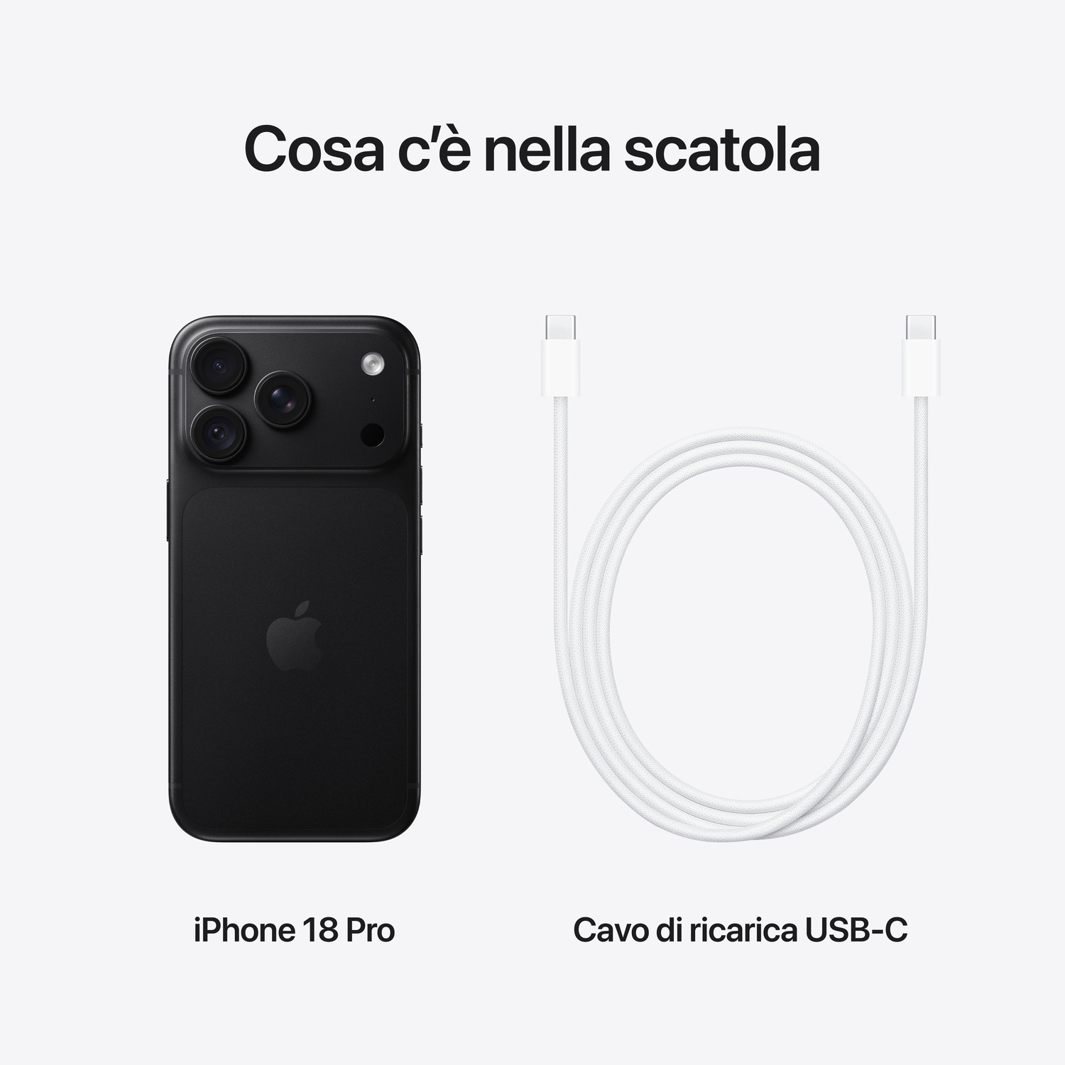 Un iPhone 18 Pro nero e un cavo di ricarica USB-C bianco su sfondo chiaro.