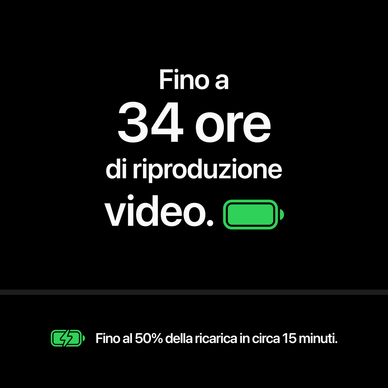 Schermo nero con testo bianco che indica fino a 34 ore di riproduzione video.
