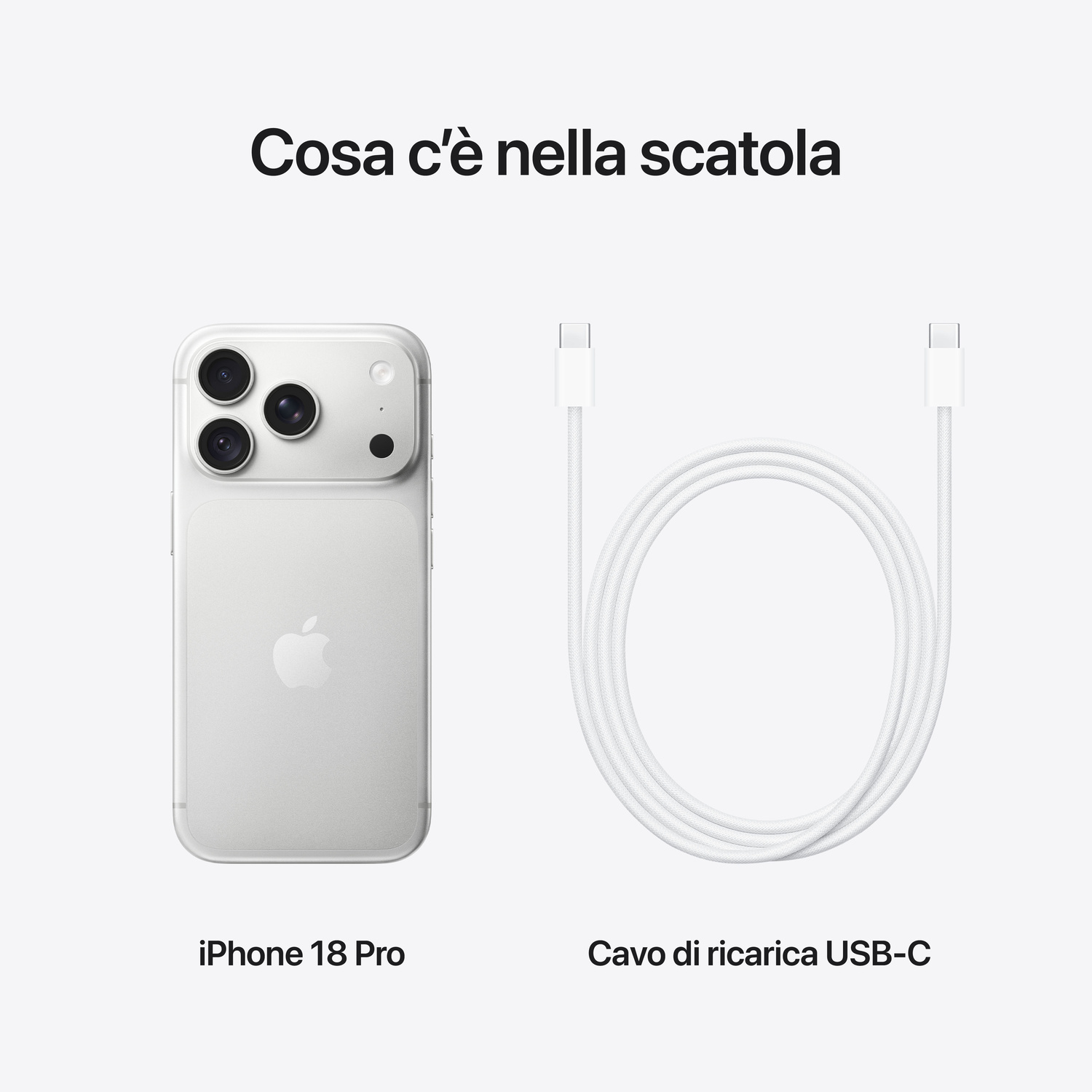 Un iPhone 18 Pro e un cavo di ricarica USB-C bianco arrotolato su sfondo chiaro con testo in italiano.