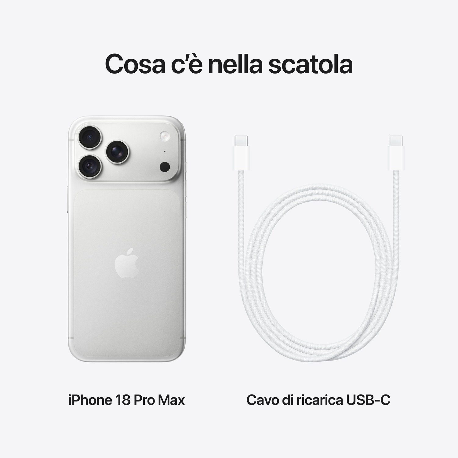 Contenuto della confezione con iPhone 18 Pro Max e cavo di ricarica USB-C bianco su sfondo grigio.