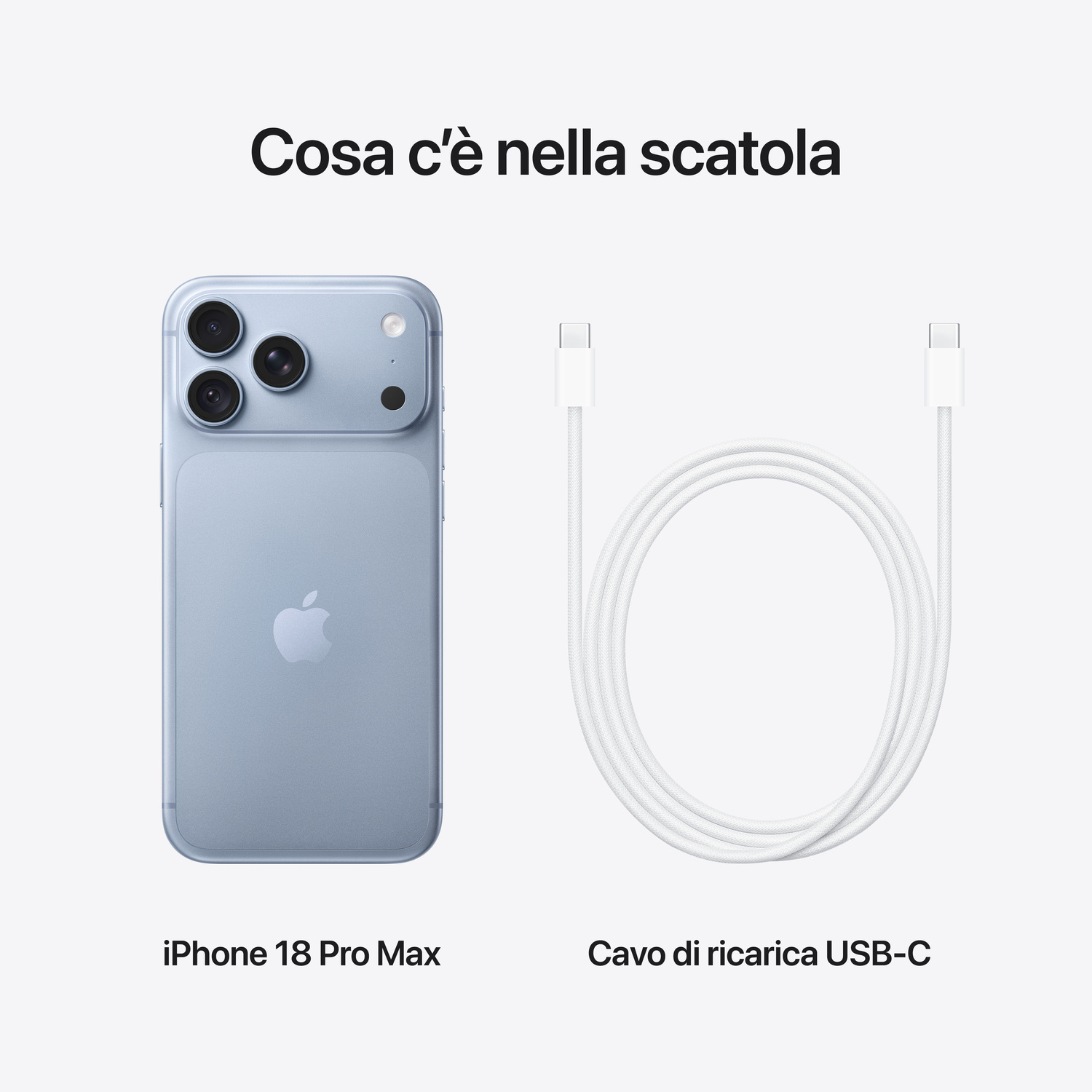 Un iPhone 18 Pro Max e un cavo di ricarica USB-C su sfondo chiaro con testo.