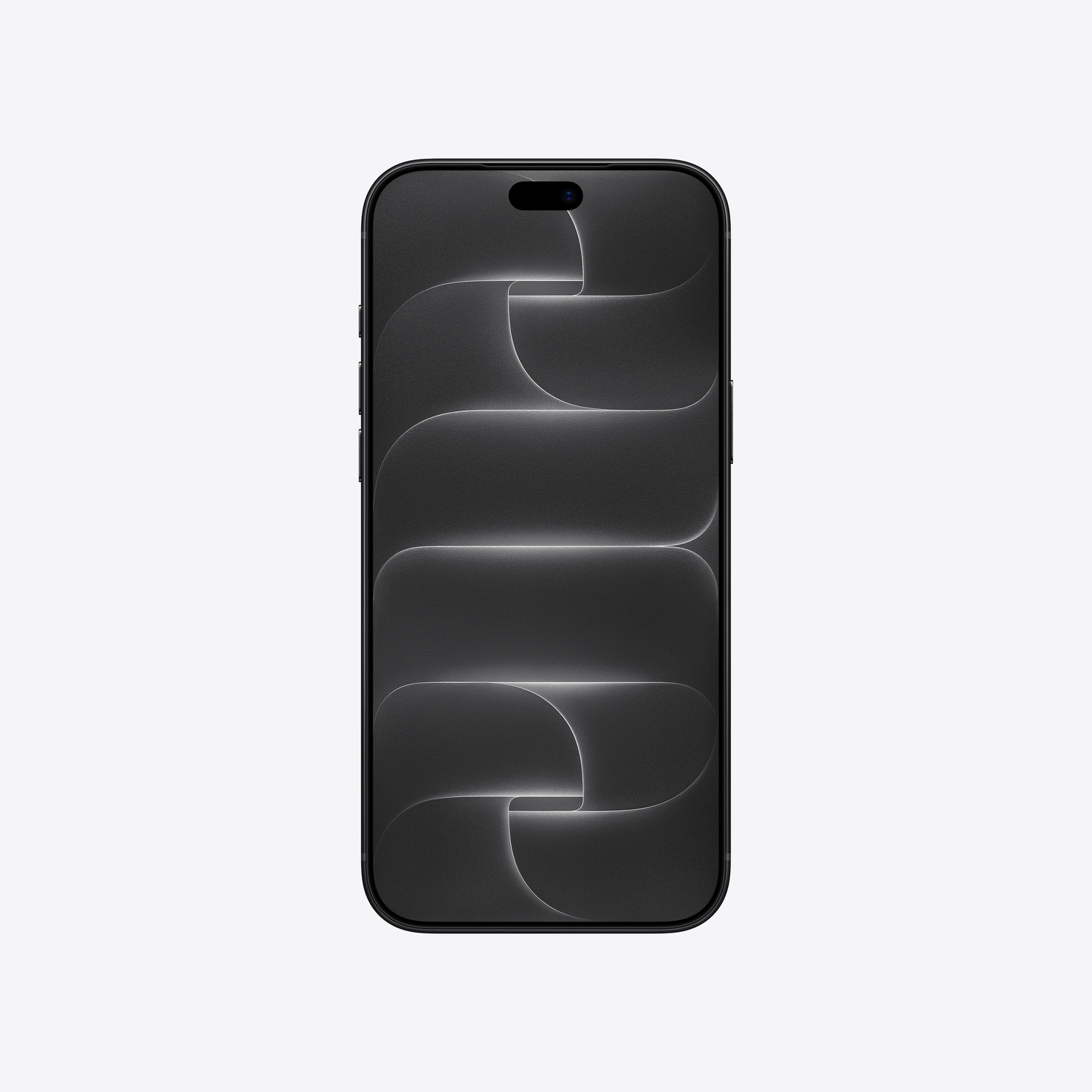 Uno smartphone nero con angoli arrotondati mostra un motivo d'onda astratto e scuro sullo schermo.