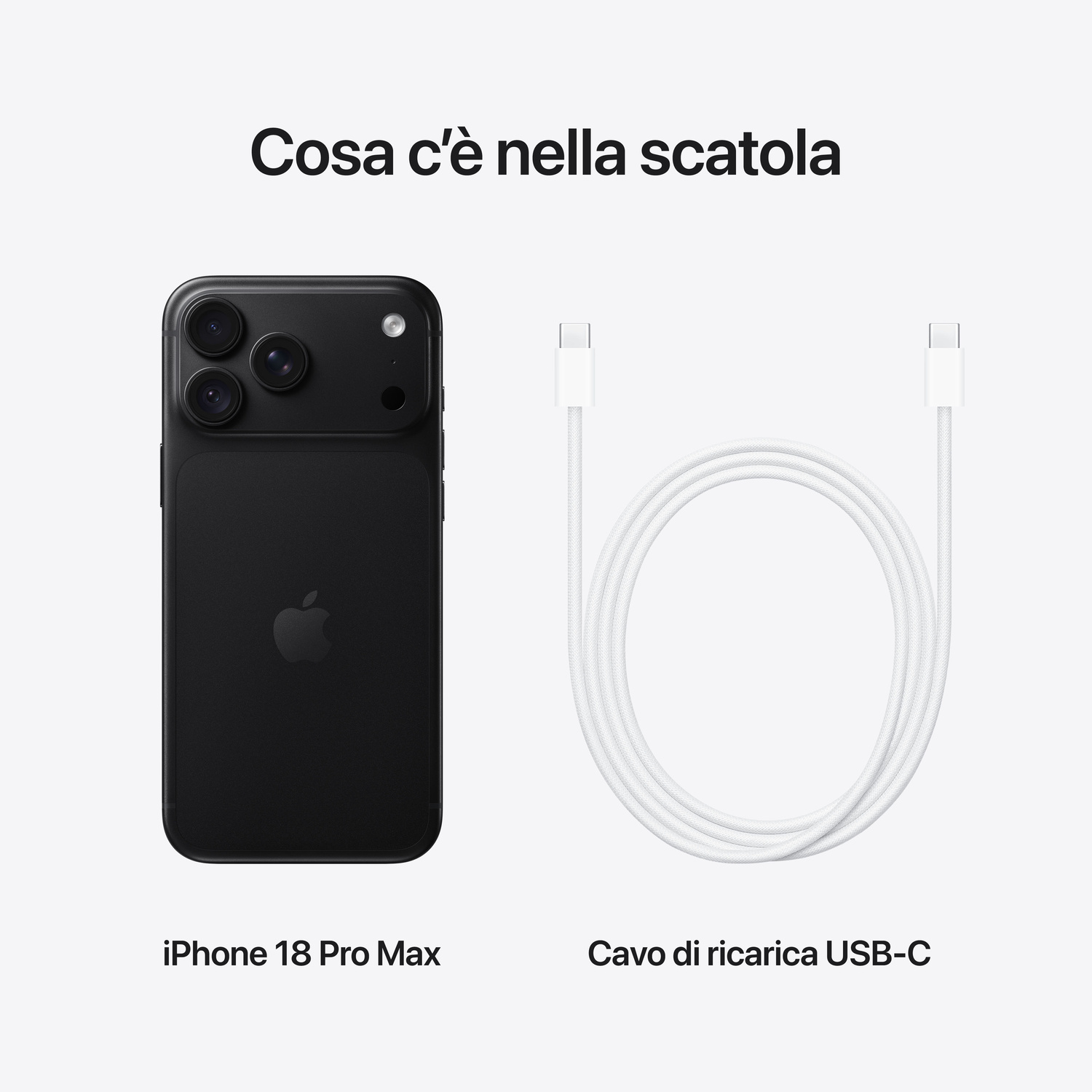 iPhone 18 Pro Max nero e cavo di ricarica USB-C bianco su sfondo bianco con testo in italiano.