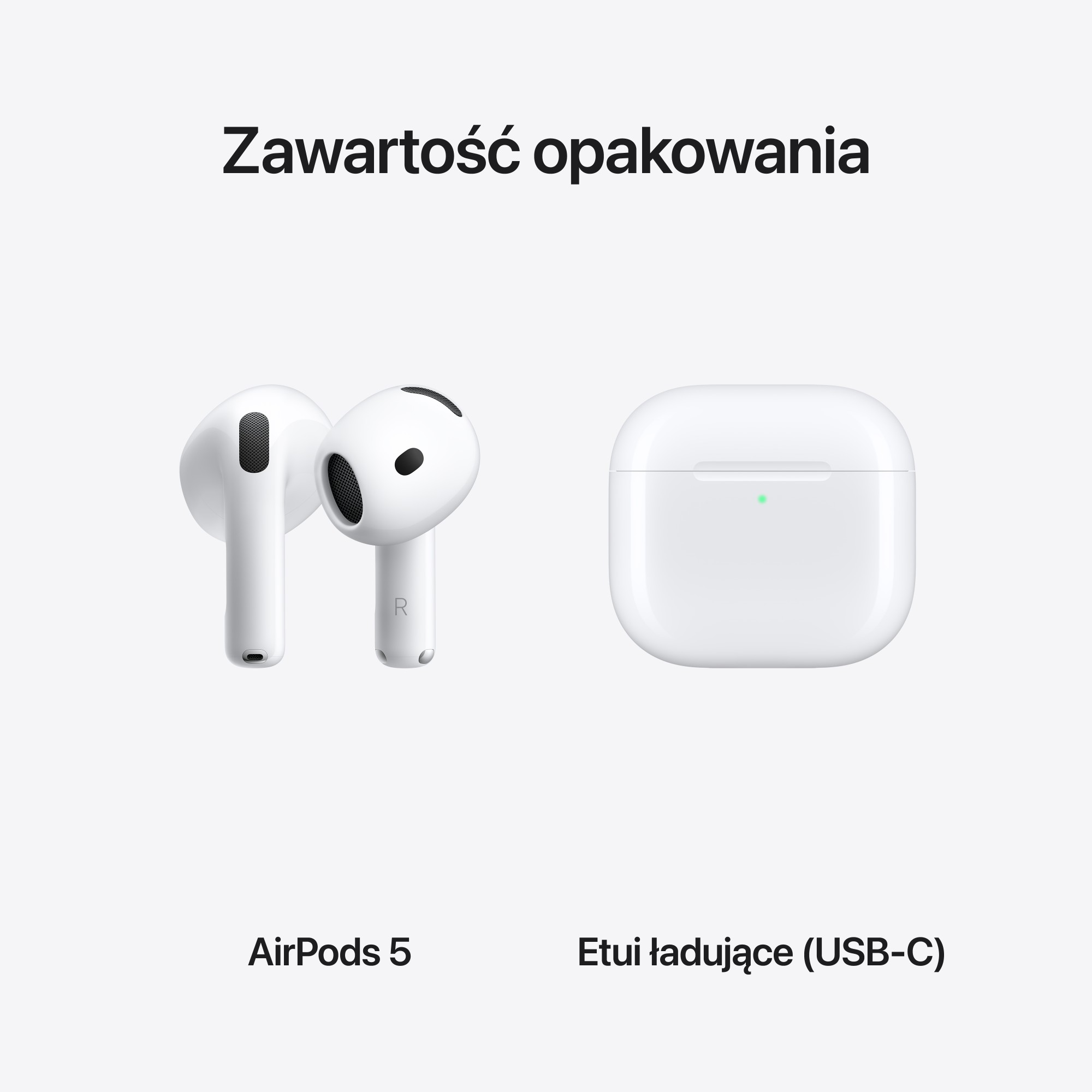 Białe słuchawki AirPods i etui ładujące z tekstem zawartości opakowania.