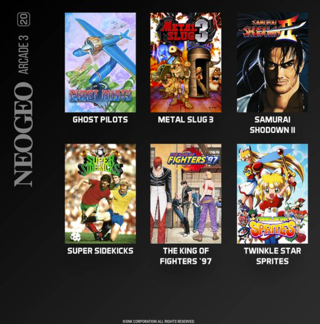 Eine Collage aus sechs klassischen Neo Geo Arcade-Spielcovern vor dunklem Hintergrund.