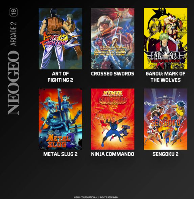 Ein NEOGEO Arcade 2 Menü zeigt sechs Spielcover wie Art of Fighting 2, Metal Slug 2 und Sengoku 2.