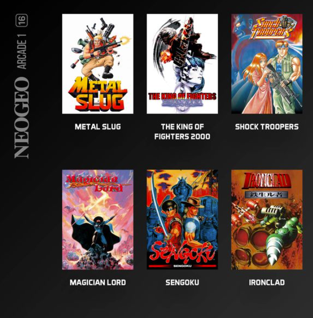 Sechs NeoGeo Arcade-Spielcover auf dunklem Hintergrund mit Titeln.