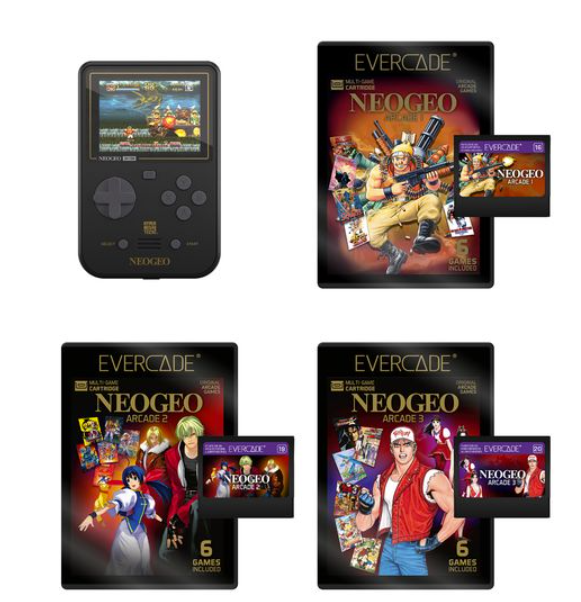 Ein schwarzer Evercade Handheld mit Spielkassette und drei Evercade NeoGeo Arcade Spielkassettenverpackungen.
