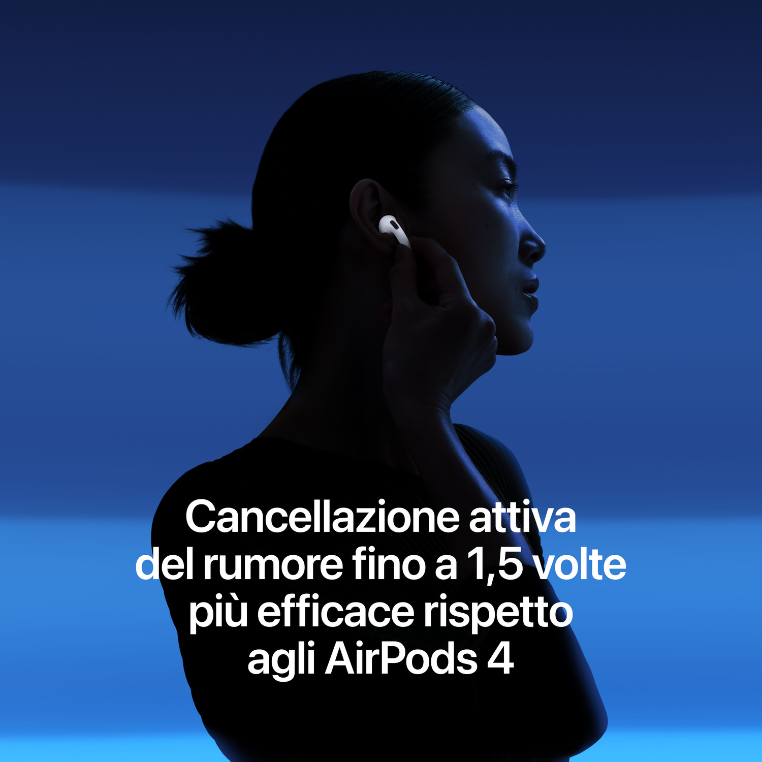 Una persona indossa AirPods bianchi in un ambiente illuminato di blu con testo in italiano.