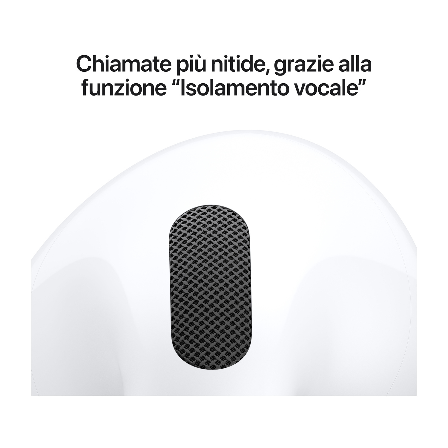 Primo piano di un auricolare wireless bianco con griglia del microfono nera e testo in italiano in alto.