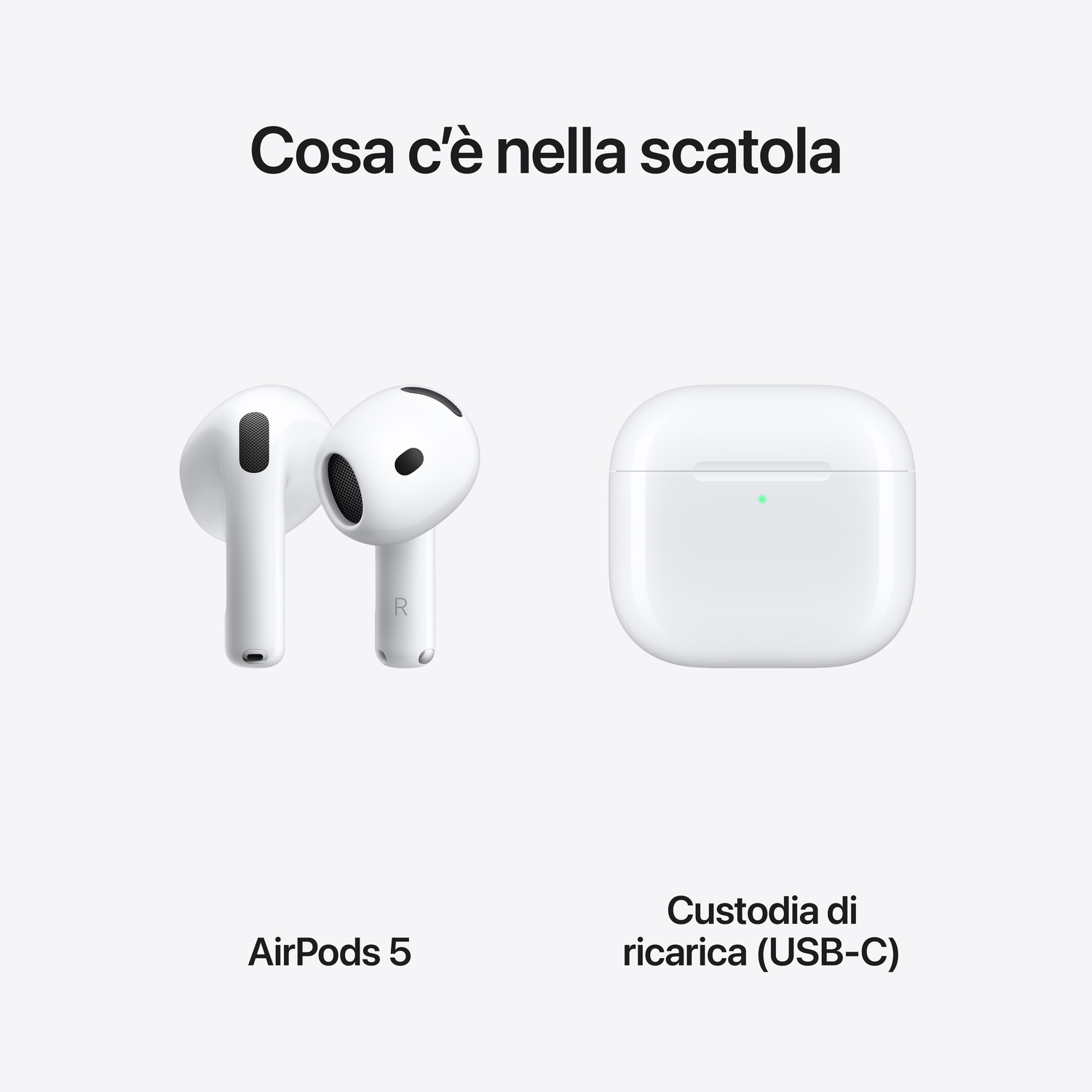 AirPods bianchi e custodia di ricarica su sfondo bianco con testo in italiano.