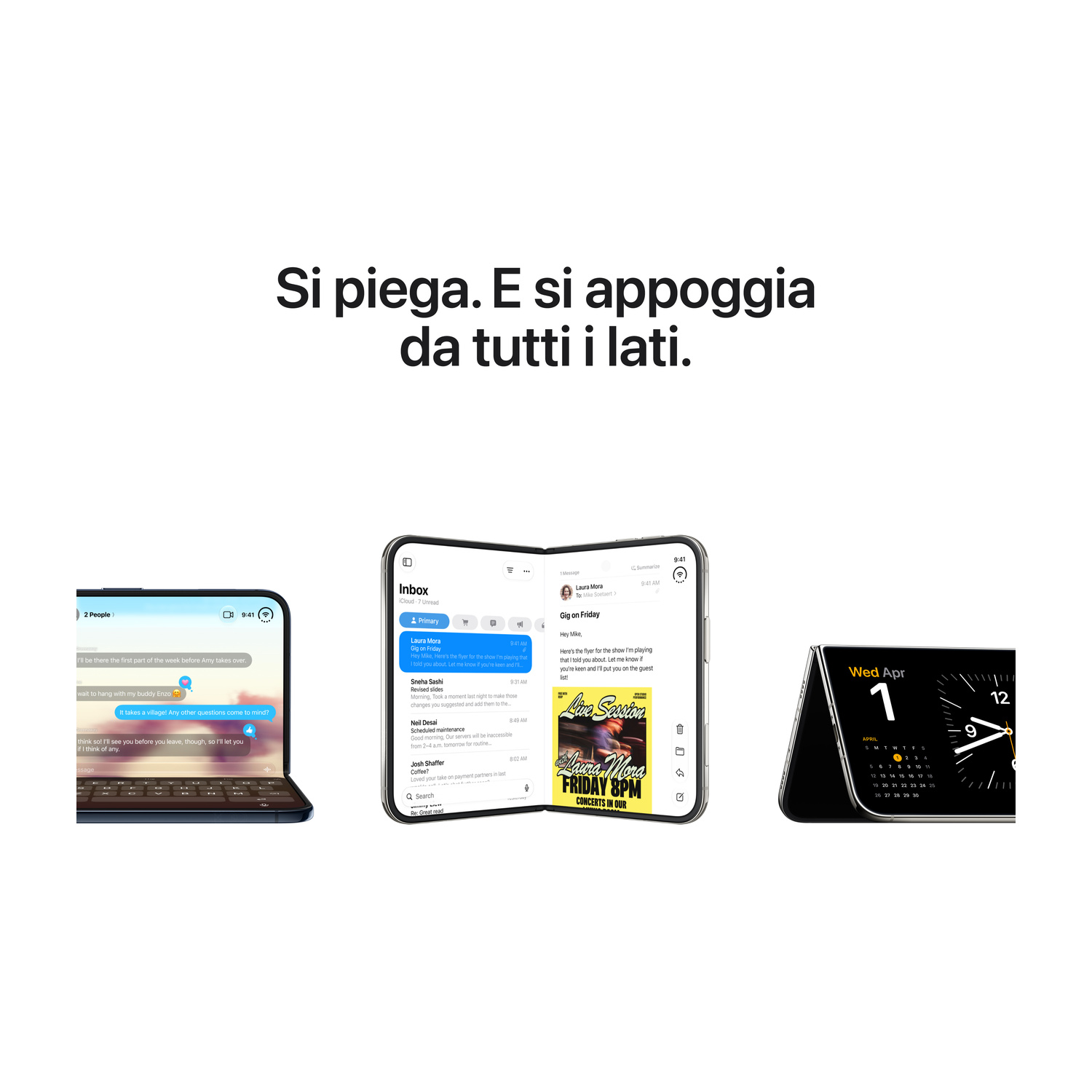 Tre telefoni pieghevoli con diverse app e testo in italiano in alto.
