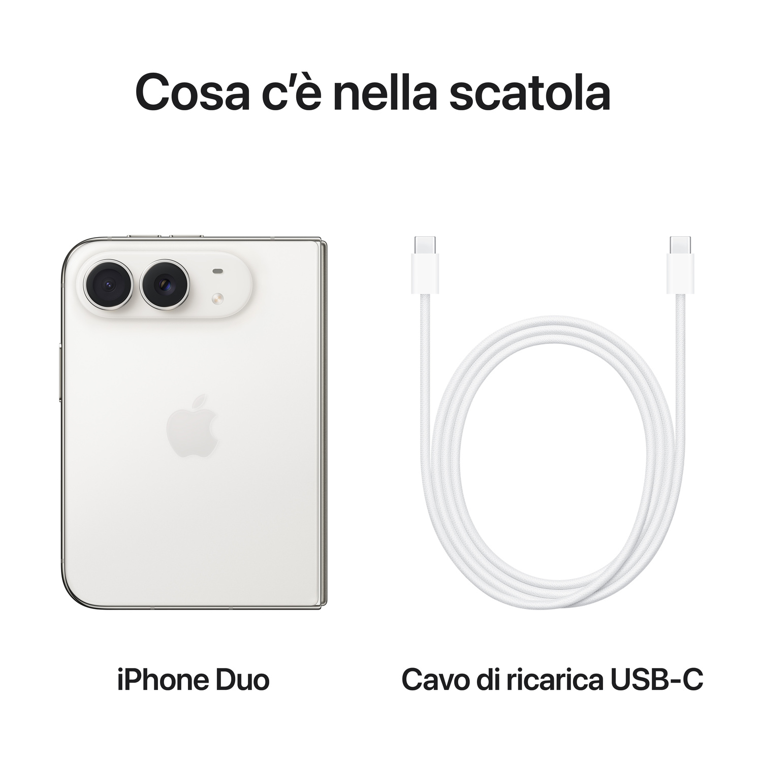 L'immagine mostra il contenuto della confezione: un iPhone Duo bianco e un cavo di ricarica USB-C bianco su sfondo chiaro.