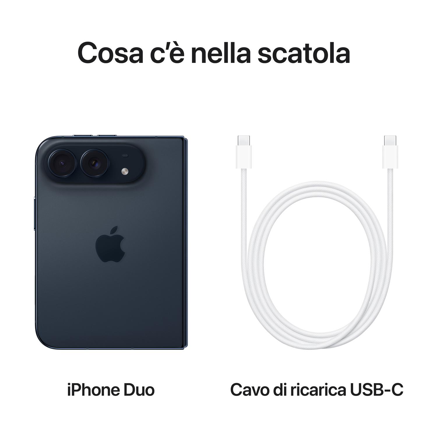 Contenuto della confezione: uno smartphone blu scuro e un cavo di ricarica USB-C bianco su sfondo chiaro.