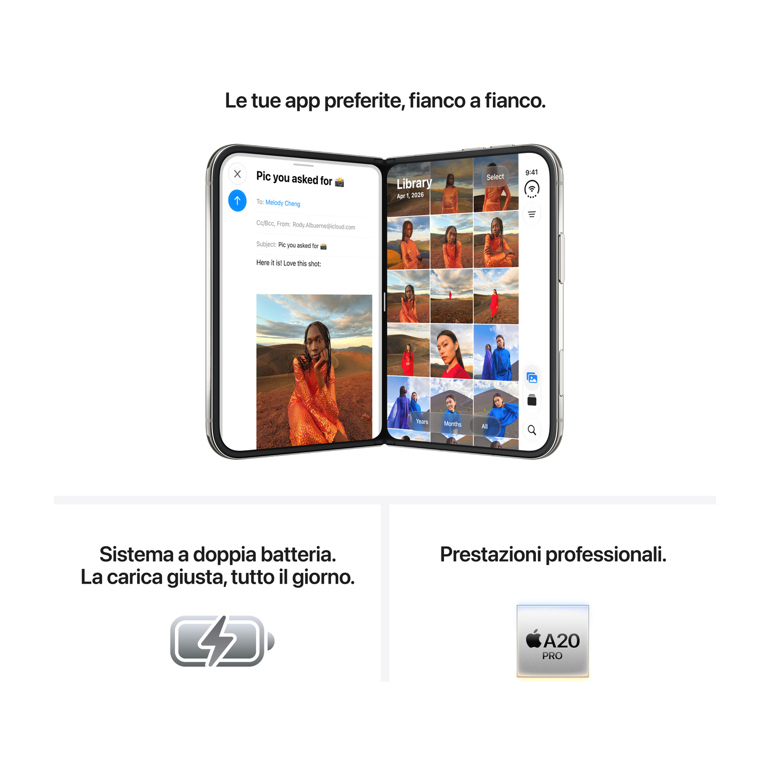 Uno smartphone pieghevole mostra messaggi e foto affiancati, con testo su batteria e chip A20 Pro.