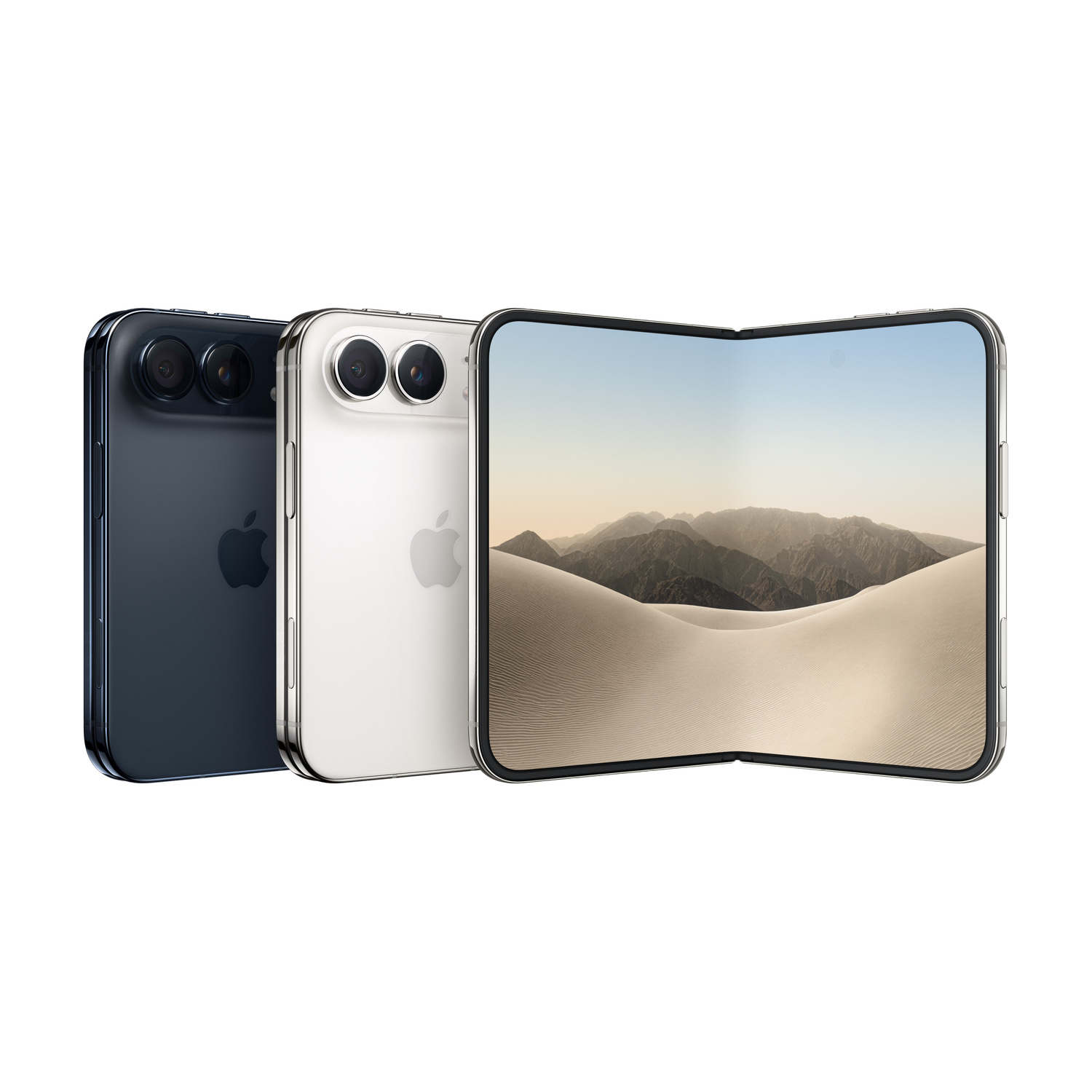 Tre smartphone pieghevoli con doppia fotocamera e sfondo di montagne su fondo bianco.