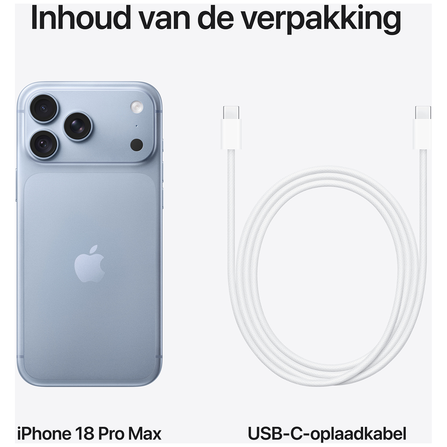 Inhoud van de verpakking: een blauwe smartphone en een witte USB-C-kabel.