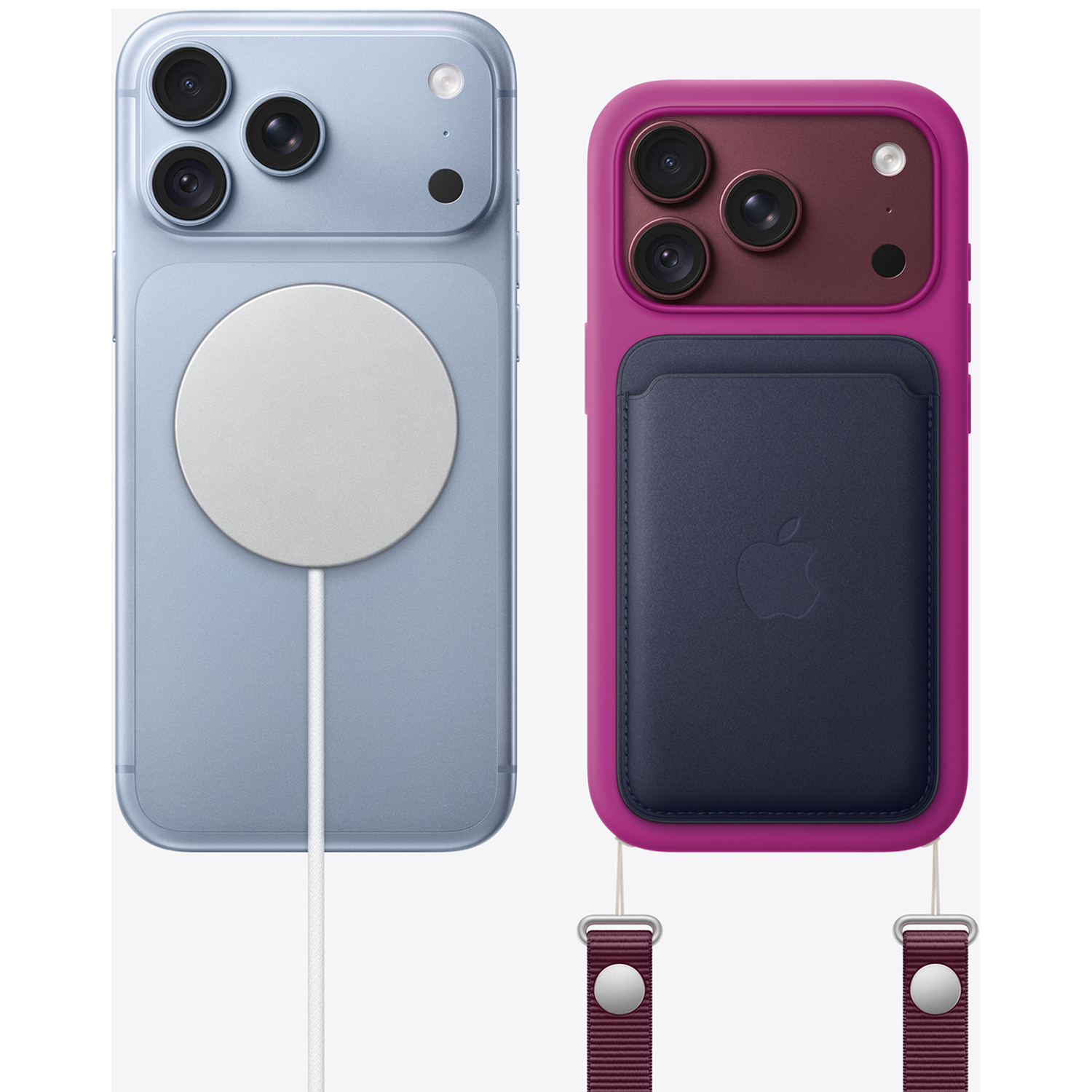 Twee smartphones van achteren: links met MagSafe-lader, rechts met MagSafe-wallet en draagriem.