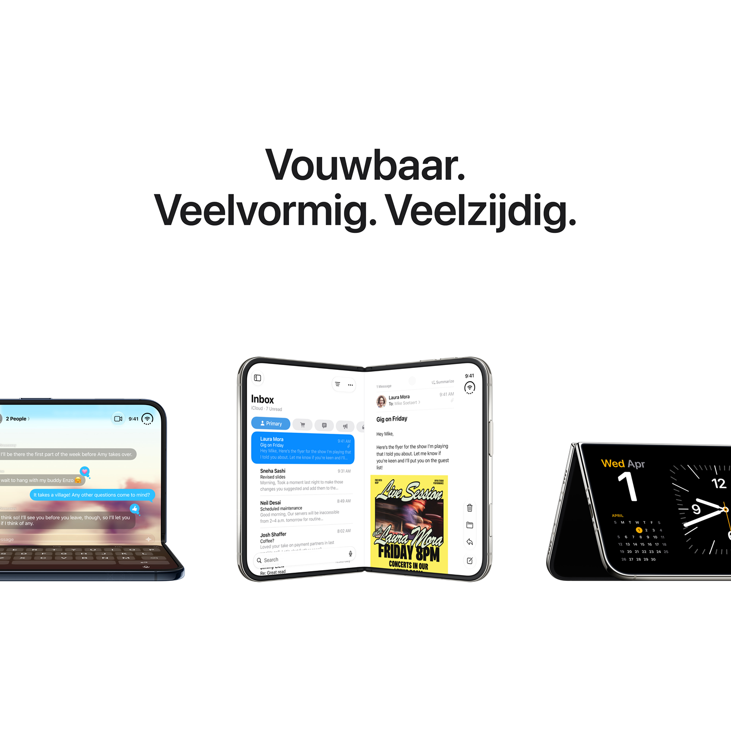 Drie open vouwbare smartphones tonen chat-, e-mail- en kalender-apps tegen een witte achtergrond.