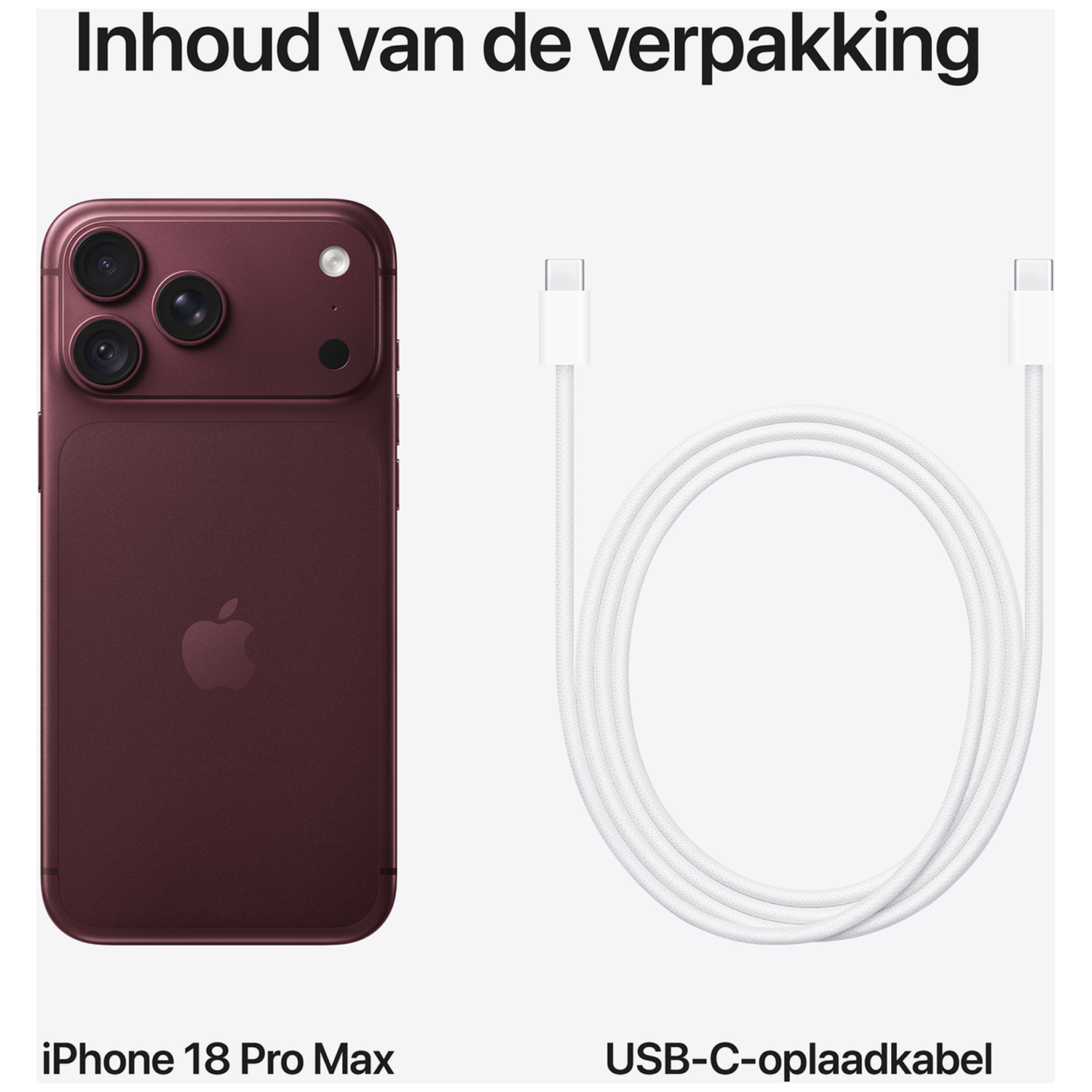 Rode iPhone en witte USB-C-kabel op een grijze achtergrond.