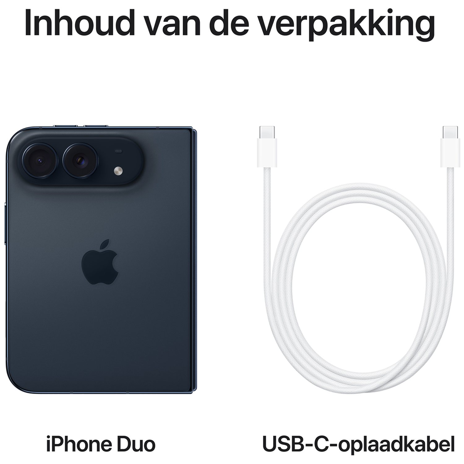 Inhoud van de verpakking met een donkerblauwe opvouwbare iPhone Duo en een witte USB-C oplaadkabel.