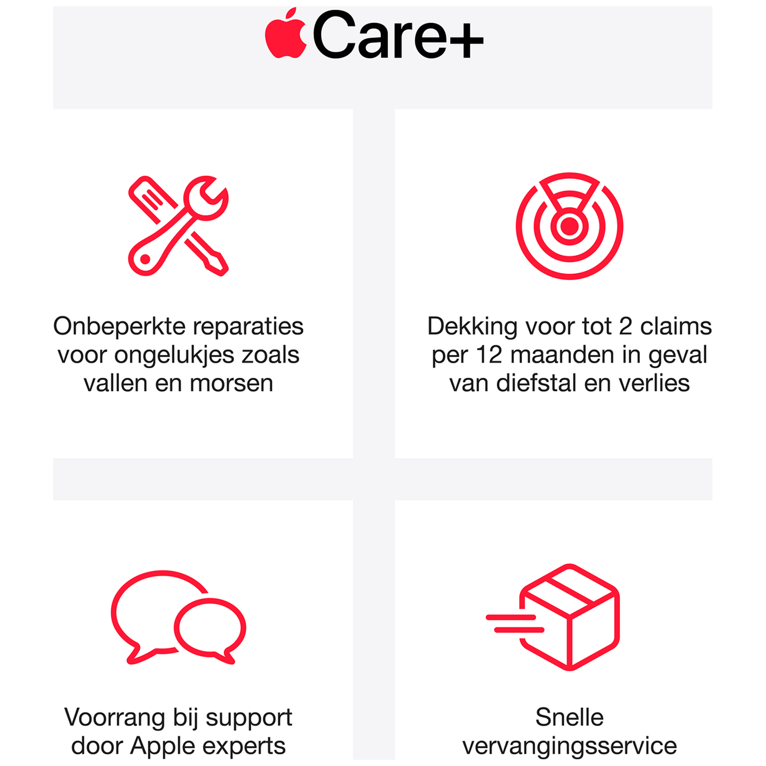 AppleCare+ voordelen met reparaties, diefstaldekking, support en vervanging.