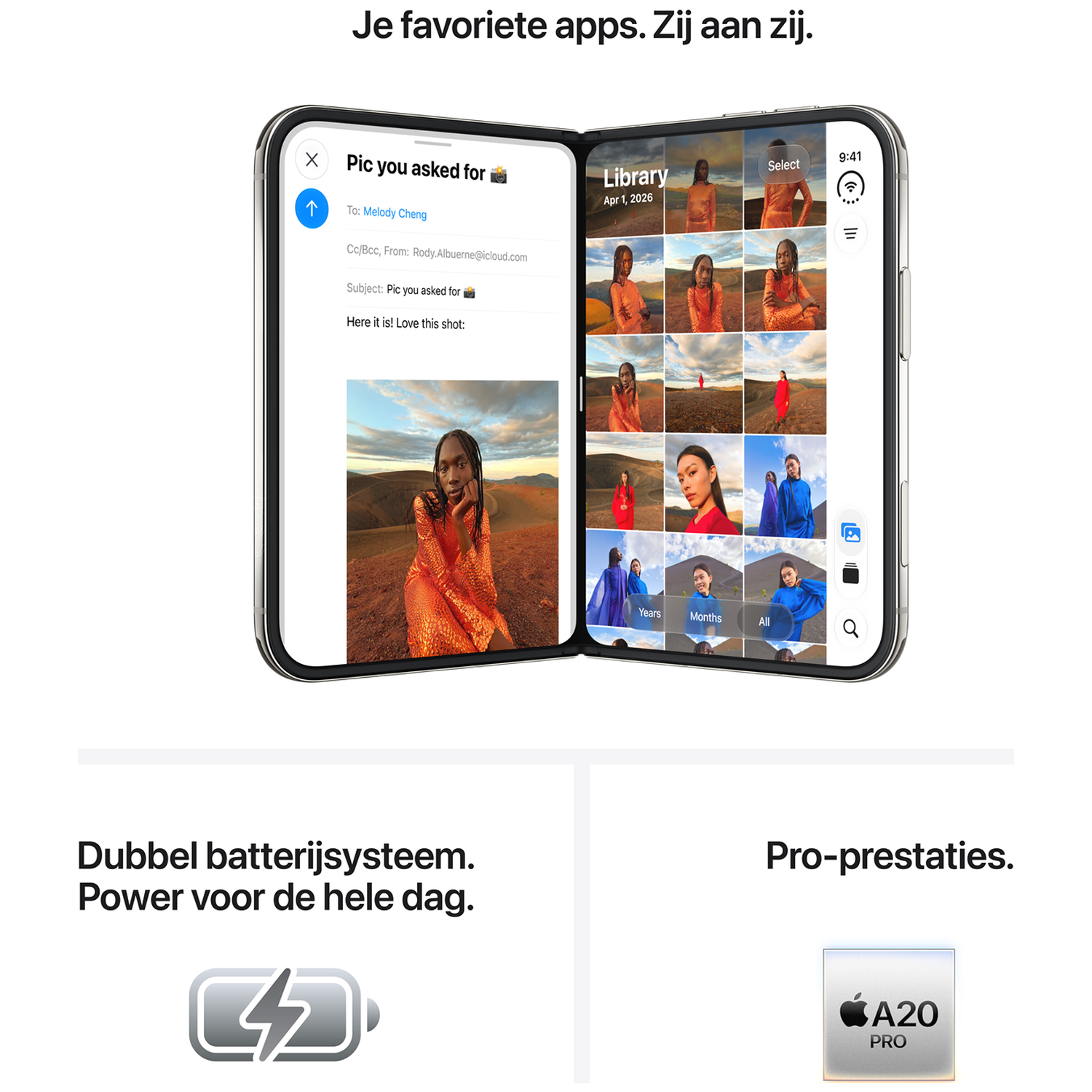 Een opvouwbare smartphone toont een berichtapp links en een fotobibliotheek rechts.