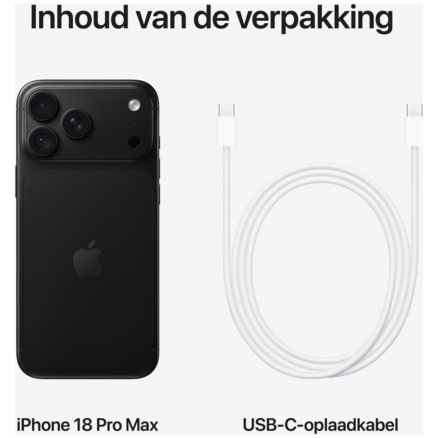 Inhoud van de verpakking: Een zwarte iPhone en een witte USB-C-oplaadkabel.