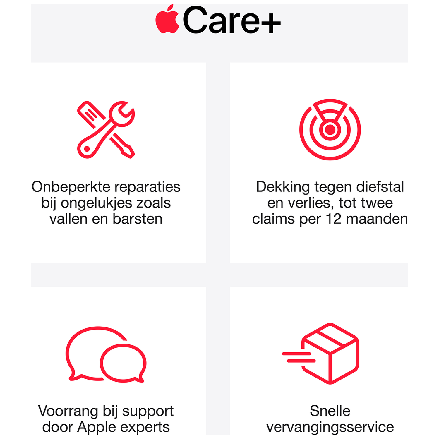 AppleCare+ functies: reparaties, diefstaldekking, support en snelle vervanging.