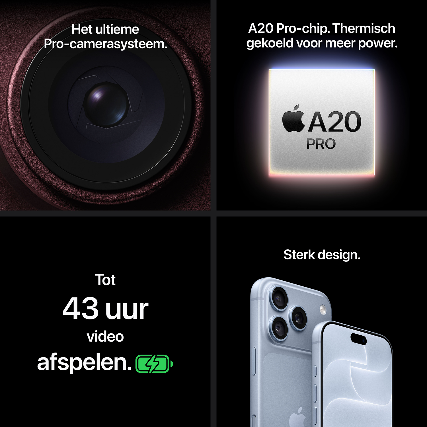Vier panelen tonen smartphone-functies: een camera, A20 Pro-chip, 43 uur batterijduur en een sterk design.