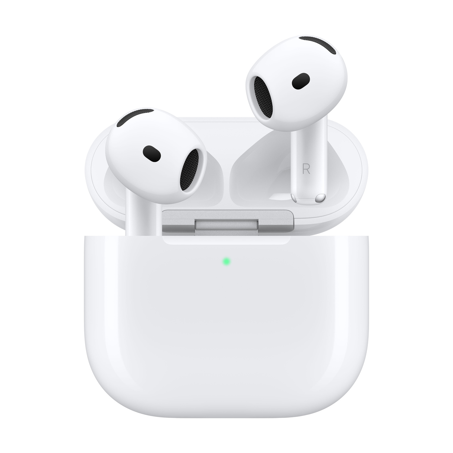 AirPods Apple bianchi in una custodia di ricarica aperta con luce verde su sfondo bianco.