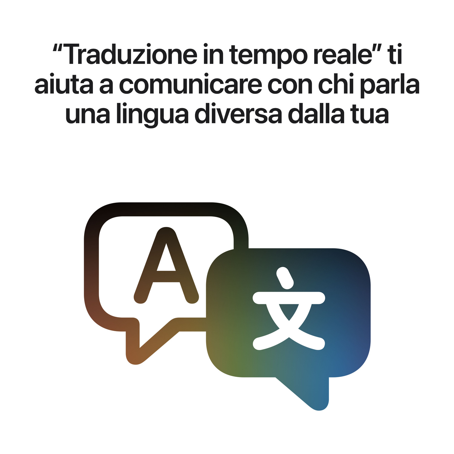 Icona di due fumetti sovrapposti con lettere, con testo in italiano sopra sulla traduzione in tempo reale.