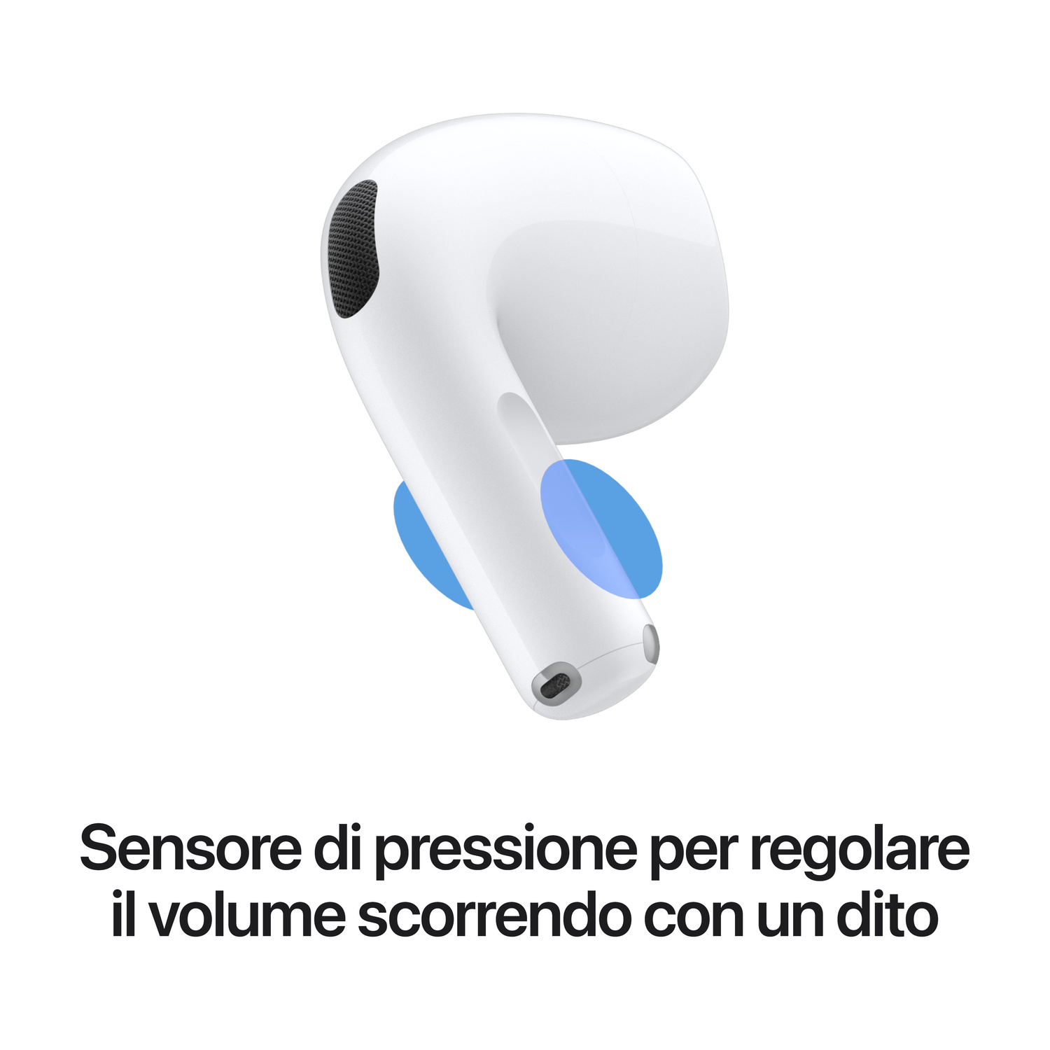Un auricolare bianco con area sensore touch blu e testo sotto.